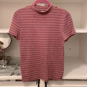 Mock neck T with small burgundy plaid
